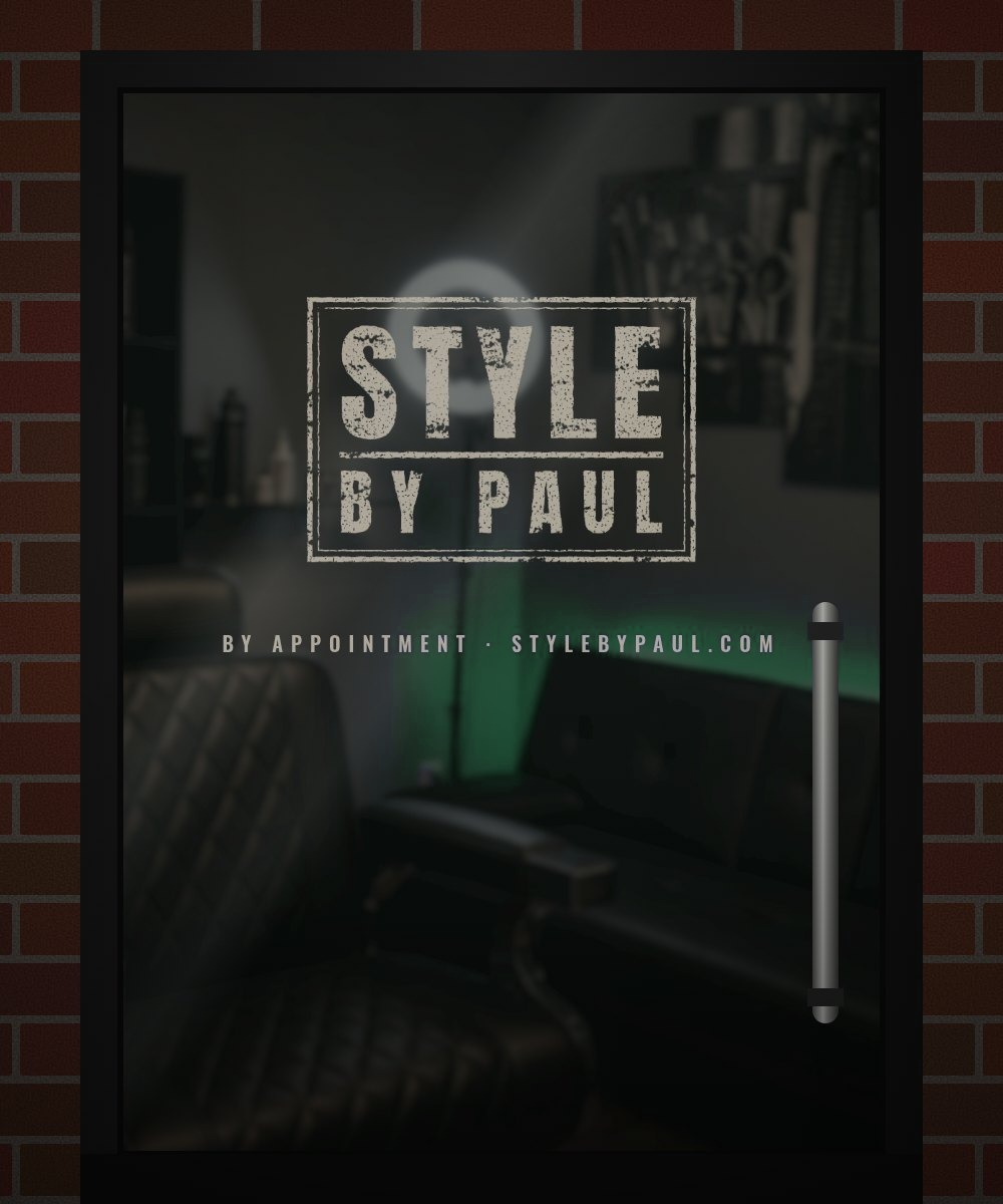The ONE CHAIR · BARBER by Paul stamp on the studio's glass door